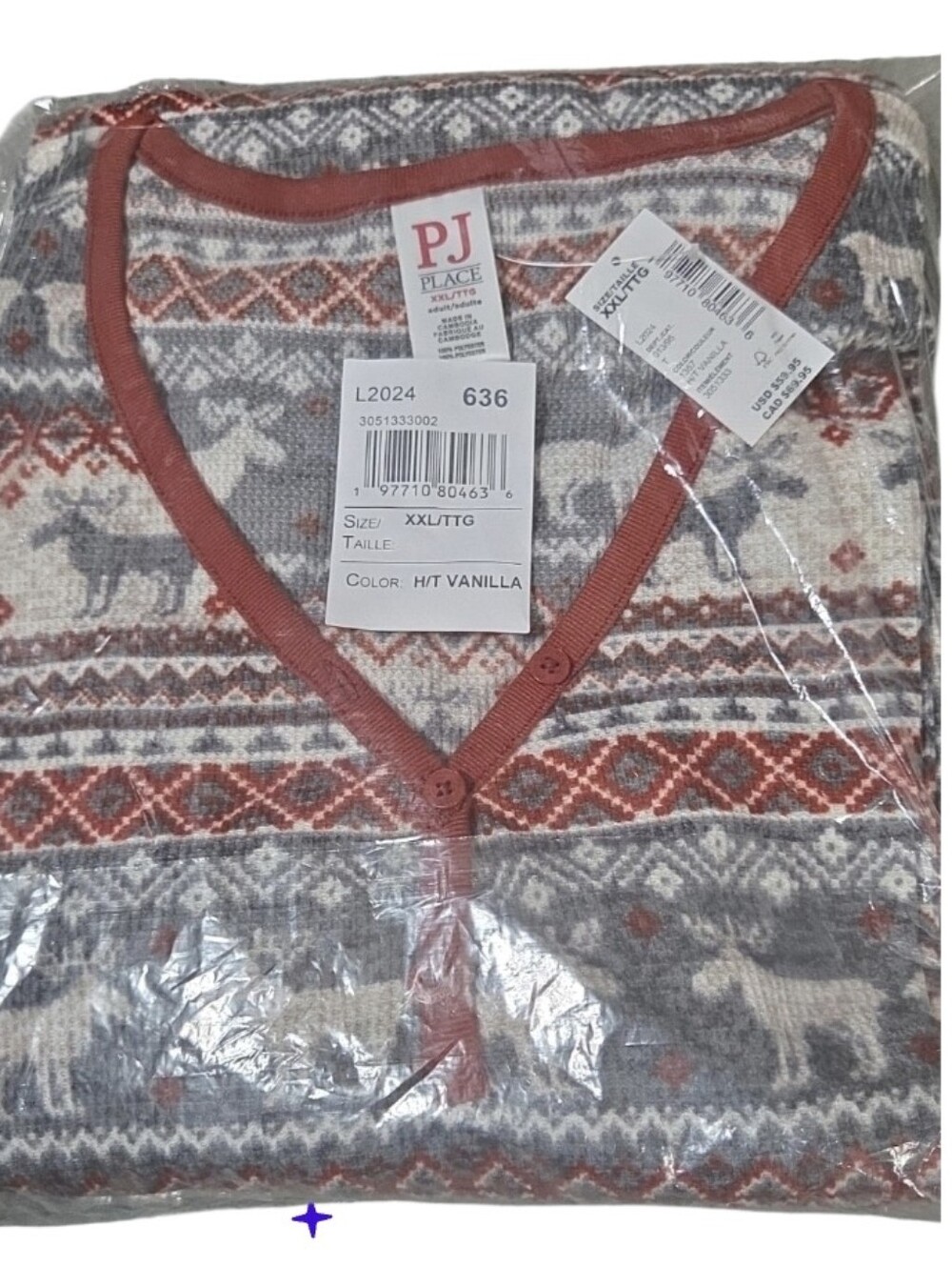 Adult Xxl Unisex PJ Place Fair Isle Reindeer Henley Pajama Set